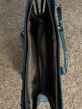 Brahmin Teal Croc-Embossed Satchel with Gold Hardware